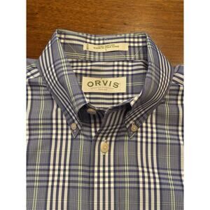 Large Orvis Dress Shirt Long Sleeve Button Down Blue Plaid
